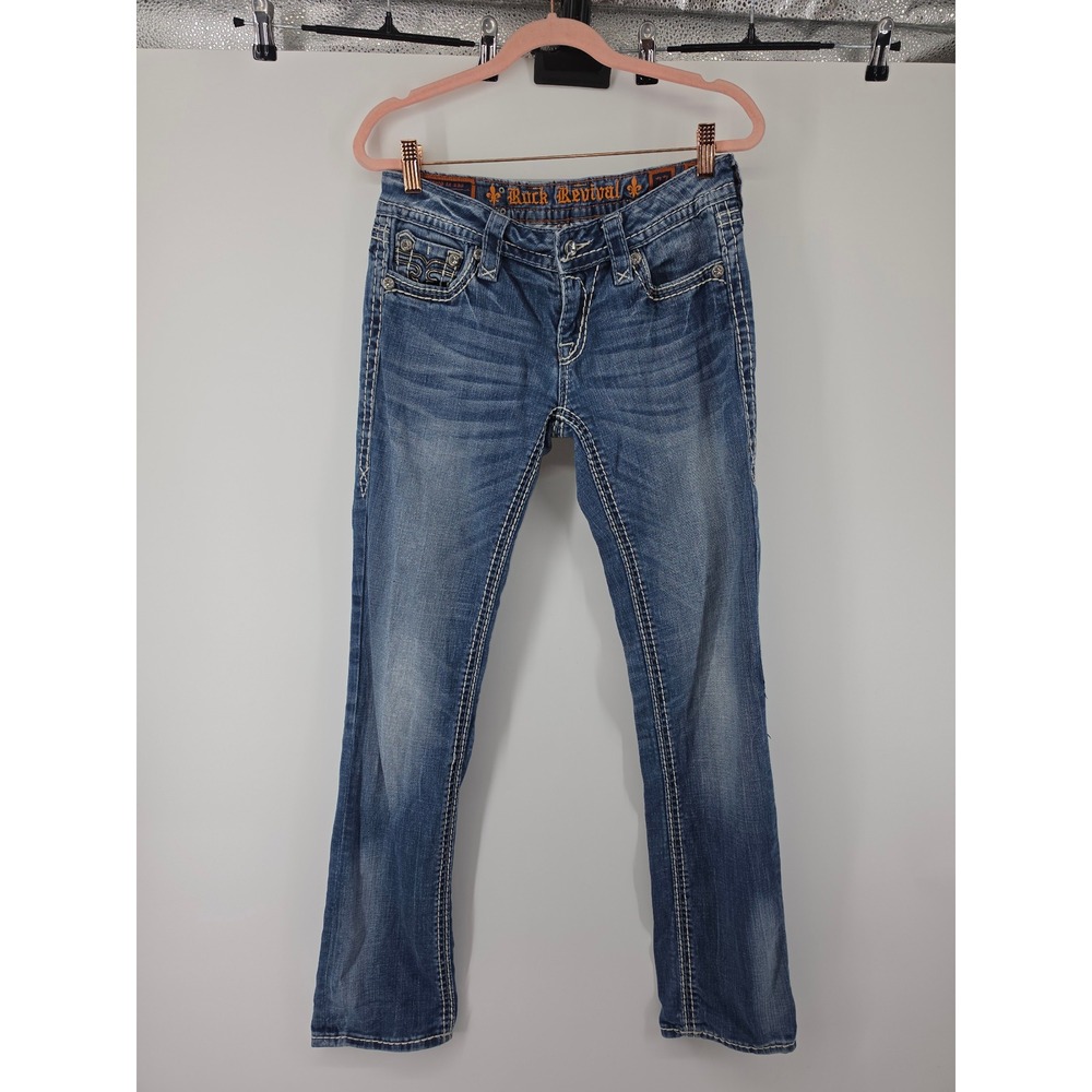 Rock Revival Aisha Straight Leg Jeans Blue Denim Rhinestone Fleur De Lis Size 27